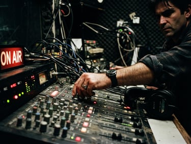 Gritty high-contrast flash photography of a dark radio booth with glowing red and green LEDs, tangled cables, and a hand adjusting a mixing console dial, 35mm film grain.