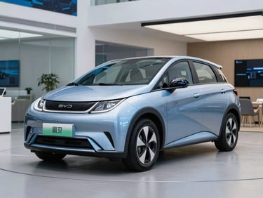 Sleek BYD Dolphin hatchback in a modern urban showroom, clean studio lighting with cool blue accents, sharp focus