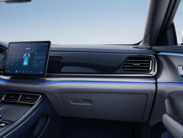 Sleek automotive interior showing the clean dashboard of a BYD Seal, cool blue ambient lighting, sharp focus, 35mm lens