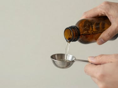 Close-up of a hand gently pouring a clear liquid from an amber glass bottle into a measuring spoon, soft diffused daylight, muted sage and cream tones.