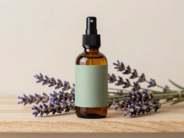 Amber glass spray bottle with a sage label on a light wood shelf, surrounded by lavender buds, soft diffused daylight, shallow depth of field, 35mm