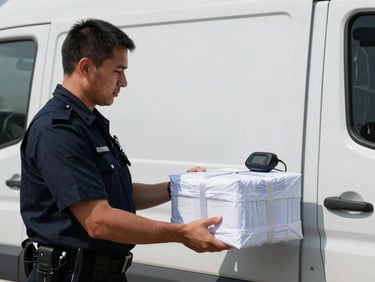 Professional field officer in uniform securing a sealed container of documents in a vehicle, GPS tracker visible, high-contrast daylight, sharp focus, desaturated industrial tones