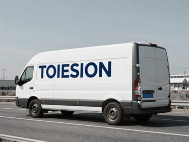 Branded transport vehicle on an open road, clear sky, desaturated industrial tones, crisp commercial photography, cool daylight