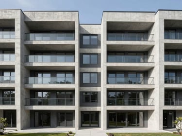 Symmetrical architectural photograph of a modern concrete residential building exterior, sharp lines, bright natural daylight, wide-angle lens