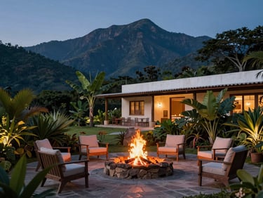 Área de fogata de piedra redonda encendida al anochecer, rodeada de cómodas sillas y vegetación tropical, con un cielo estrellado, arquitectura 35mm