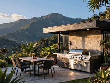 Parrilla BBQ moderna de acero inoxidable junto a una mesa de comedor al aire libre con ajustes de lugar, rodeada de exuberante vegetación y vistas a la montaña, luz natural, arquitectura 35mm