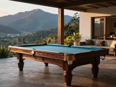 Mesa de billar de madera oscura en una sala de juegos elegante, con iluminación cálida y vistas parciales a la montaña, arquitectura 35mm