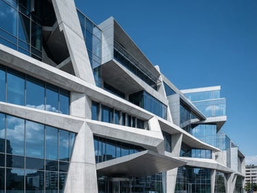 Crisp architectural photography of a modern minimalist corporate headquarters facade with sharp concrete angles and cool blue daylight reflections, ultra-sharp focus