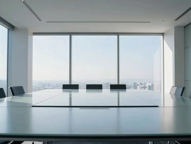 Wide architectural perspective of an empty modern boardroom with minimalist glass tables and cool daylight streaming through