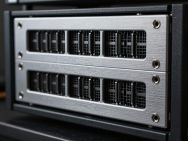 Macro detail of brushed aluminum hardware chassis, physical server racks in cool tones, low-key high-contrast studio lighting.