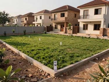 Environmental shot of a clean 150 square yard plot in Sector 14 Hisar, with clear survey markers, adjacent completed houses, and bright afternoon lighting.