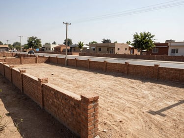 Wide shot of a vacant residential plot in Hisar Sector 9-11, showing neat brick boundary walls, electric poles, and quiet neighborhood road under bright sunlight.