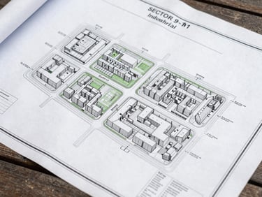 A clean, high-resolution architectural blueprint of Sector 9-11 industrial layout in Hisar, showing clear plot boundaries, road widths, and zoning markers under natural light.