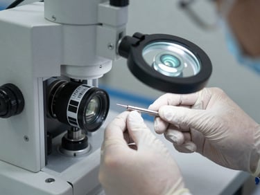 Close-up of a medical device quality inspection station, a technician's gloved hands examining a small surgical instrument under a magnifying lamp, traceability label and UDI barcode visible on the component surface, controlled clinical lighting, no face visible