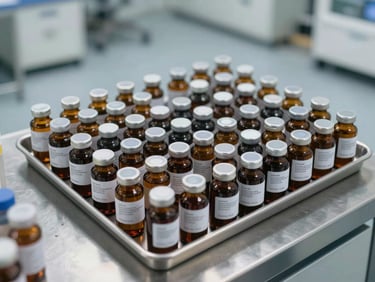 Overhead close-up of a pharmaceutical manufacturing cleanroom floor, sealed amber vials arranged in tray rows on a stainless surface, controlled even studio lighting revealing label detail and sterile organization, no personnel visible