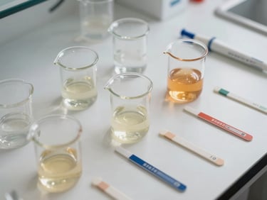 Close-up overhead of cosmetic formulation lab bench, small glass beakers with viscous emulsion samples, pipettes and pH strips laid in precise order on a white surface under diffused north-facing daylight, no hands visible, detail-revealing even illumination