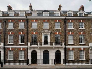 Symmetrical front elevation of classic London brick terraced houses under soft, diffuse grey daylight, clean architectural lines, no people.