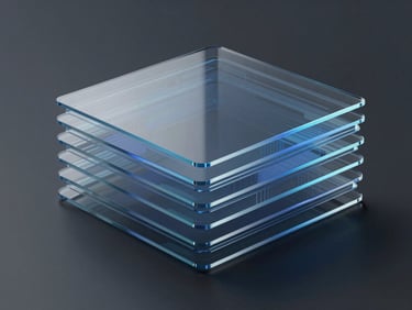 Abstract 3D render of stacked semi-transparent glass layers showing data flows, cool gray and electric blue tones