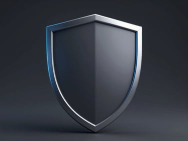 Abstract 3D render of a metallic shield with neon blue edge highlights, dark-mode studio lighting