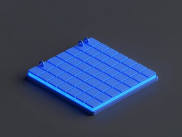 Abstract 3D render of a glowing blue calendar grid, minimalist dark-mode studio lighting