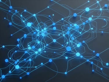 Abstract 3D render of glowing blue network nodes and interconnected vector lines, dark-mode studio lighting, cool gray background, minimal isometric perspective