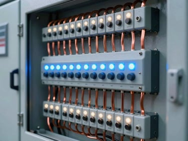 Close-up of a complex industrial control panel, meticulously organized copper wiring, glowing status LEDs, cool blue and metallic reflections, sharp focus
