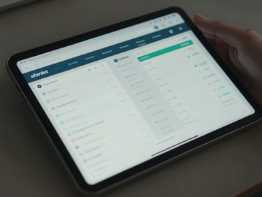 Close-up of a modern tablet displaying clean financial dashboard and e-commerce logistics data, natural daylight, cool tones