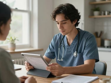 Close medium shot, physician in casual professional attire reviewing patient records on a tablet, seated at a kitchen table in a home setting, natural window light from the left, hands and screen clearly visible, focused expression, no studio lighting