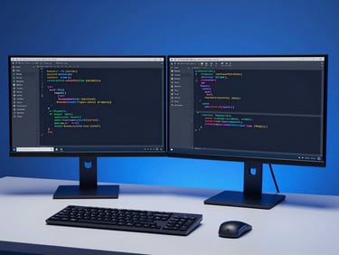Wide shot of a developer's dual-monitor workstation showing Android Studio with Kotlin coroutine code on a dark screen, cool blue edge lighting, clean organized desk, sharp focus on the code