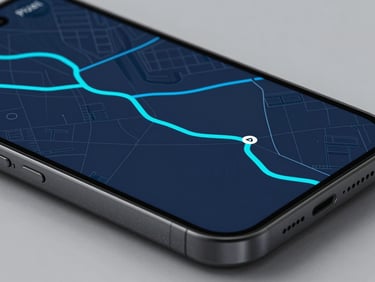 Tight macro shot of a Pixel device displaying a live logistics map with cyan route overlays on a deep slate background, cool diffused studio lighting, neutral surface beneath the device