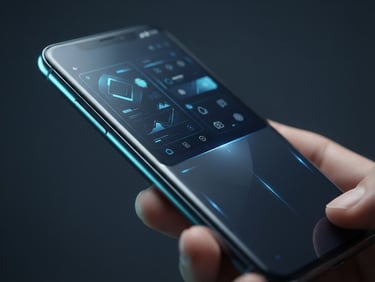 Close-up of a polished Android device held at a slight angle, sharp UI visible on screen, cool cyan edge light, deep slate background, studio macro framing, electric blue accent reflections