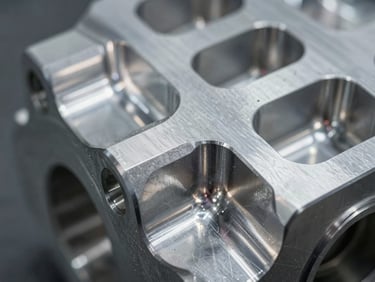 Extreme close-up of a freshly machined billet aluminum component, reflecting industrial lighting, with visible tool marks.