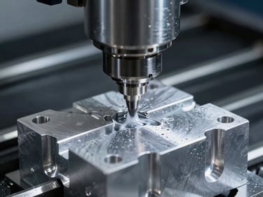 Close-up of a 5-axis CNC machine tool head cutting a billet aluminum block with coolant spray, industrial lighting, high-contrast.