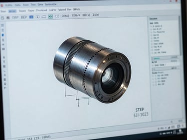 Close-up of a computer screen displaying a complex STEP file model, with engineering diagrams and data points, cool lighting.