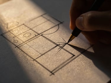 Macro close-up of a designer's hand sketching a complex strategic framework with graphite on heavy textured paper, dramatic low-key chiaroscuro lighting, golden-hour window light cutting through deep shadows, highly tactile paper grain.