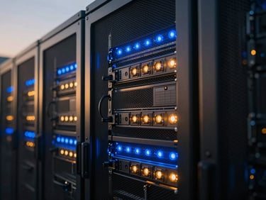 Close-up macro shot of secure sovereign server racks in Jigjiga, glowing with tactical electric blue and amber status lights, ultra-modern defense facility aesthetic.