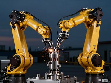 Close-up of a heavy industrial robotic arm assembling precision aerospace components, sparks flying, dark moody background with gold reflections