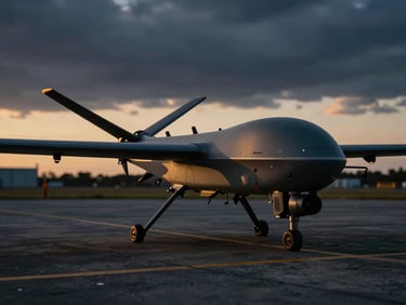 High-contrast shot of a sleek matte-black tactical UAV drone on a launchpad under dramatic dusk lighting, sharp geometric lines