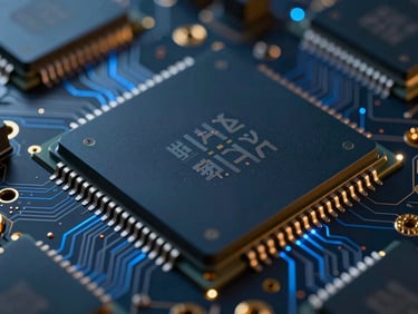 Macro close-up of a high-performance sovereign microchip with faint electric blue circuit glows and gold accents, technical defense-grade aesthetic