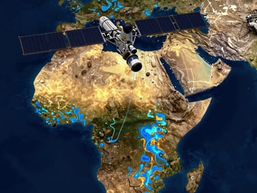 High-altitude tactical satellite heat map overlaying the Horn of Africa border terrain, showing thermal imaging readouts and tracking coordinates, glowing electric blue and gold accents.