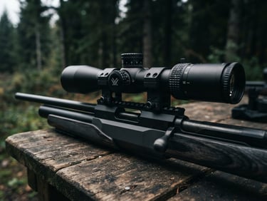 Close-up of a high-caliber air rifle scope mounted on a precision rifle, resting on a wooden shooting bench at an outdoor range, moody natural side-light, deep forest green and charcoal tones, sharp macro detail, 35mm lens