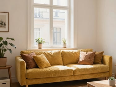 A bright cozy French apartment living room with natural light streaming through a large window, warm lifestyle photography