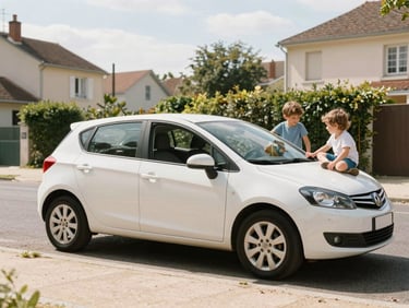 A clean family car parked on a quiet residential street in a French suburb, bright natural daylight, warm friendly tone