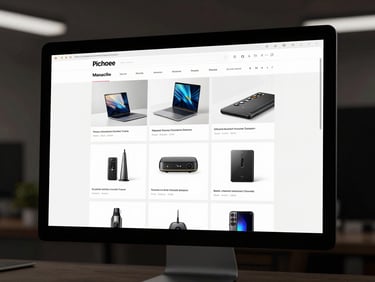 Wide shot of a high-fidelity web design mockup displayed on a monitor, clean product pages visible with structured grid layout, dark studio environment, bright even light on the screen surface, detail-sharp interface crops
