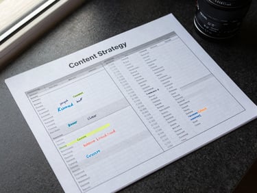Overhead flat-lay of a content strategy document with structured content calendars, keyword clusters printed and annotated, on a dark desk surface, bright natural light from a side window, sharp document detail visible