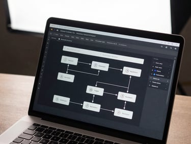 Close-up overhead of a laptop screen showing an automation workflow diagram with connected nodes and trigger arrows, dark interface on a minimal desk, bright studio light from above, sharp focus on the interface details