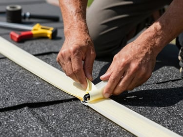 Close-up of a roofer's hands sealing a roof flashing joint with tape and mastic on a sunny day, tools and roofing felt visible in background