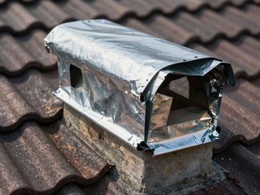 Close-up of freshly bent and installed zinc flashing around a chimney base on a tiled roof, precise folded edges visible, daylight
