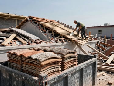 Roof demolition in progress, old tiles stacked in a skip container at the edge of the building, workers removing battens in daylight, clear sky above