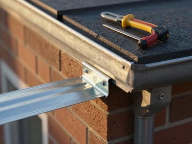 Close-up of freshly installed metal flashing and new gutter bracket fixed to a brick fascia board, golden late-afternoon light catching the aluminium surface, tools resting on the ledge